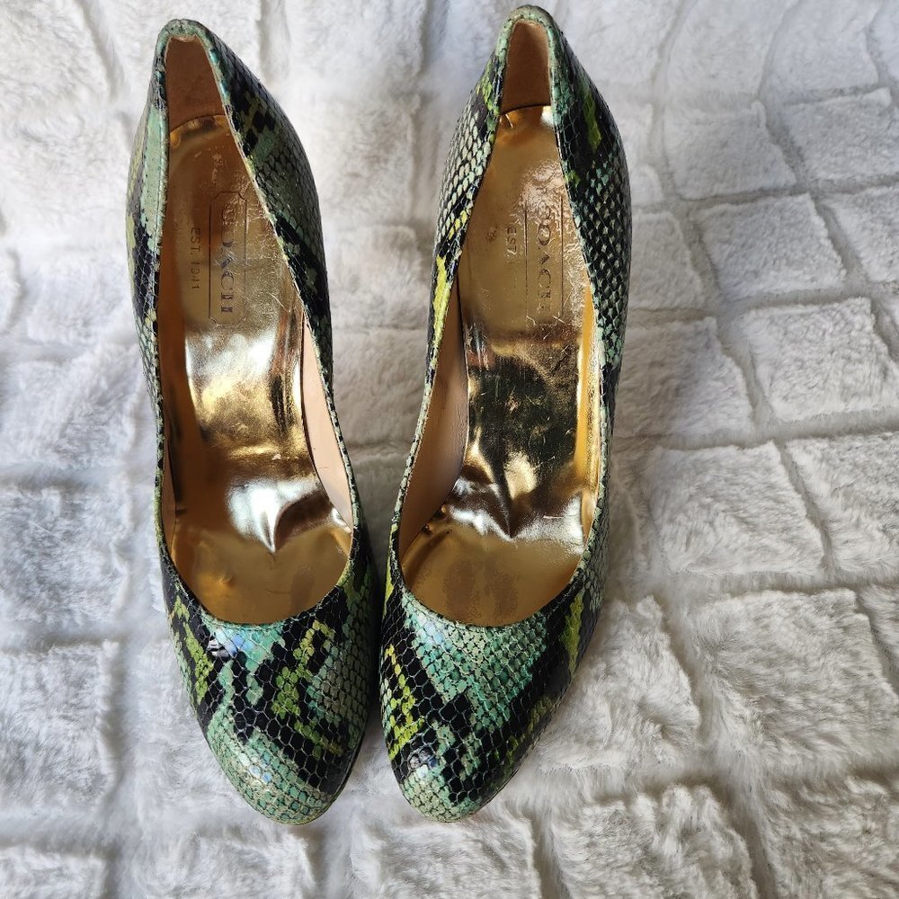 Rare Coach Green Snakeskin Heels Refurbished with New Heel Tips Sz 8 ½